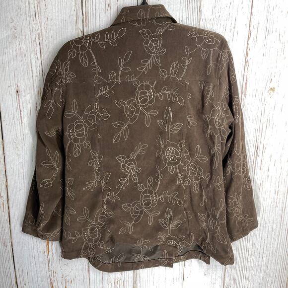CJ Banks Shirt Women Plus 0X Brown Button Up Long Sleeve Floral Embroidery - Picture 2 of 6